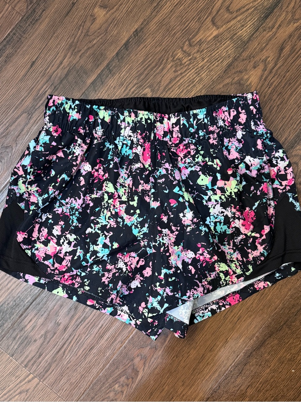 Athletic Works Black Athletic Shorts with Pink, Aqua & Lime Paint-Splash